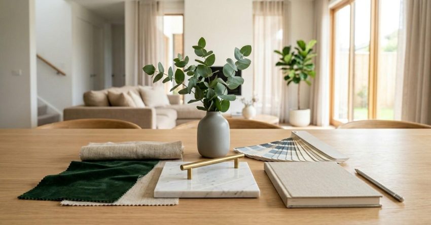 Interior design mood board with fabric swatches, color samples, and material finishes arranged on a table in a bright modern living room.
