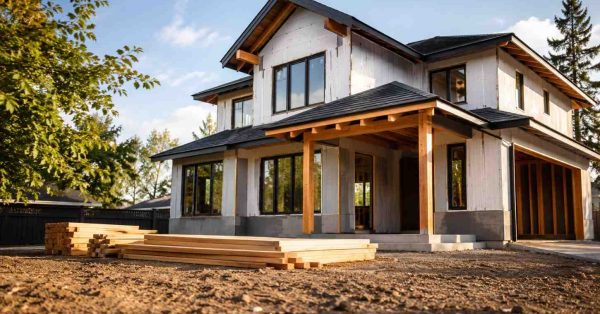 Partially constructed two-story home with exposed framing and stacked lumber on the building site.