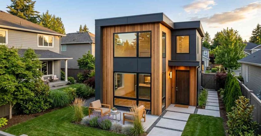 Two-story modern backyard ADU with wood siding, large windows, landscaped yard, and private patio seating area.