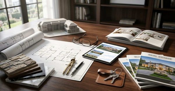Architectural plans, mansion model, material samples, property brochures, tablet, and house keys on a desk, comparing building a custom mansion versus buying an existing luxury home.