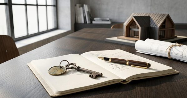 Vintage key and fountain pen resting on an open design notebook with a house model and rolled blueprints in the background.