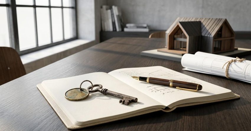 Vintage key and fountain pen resting on an open design notebook with a house model and rolled blueprints in the background.