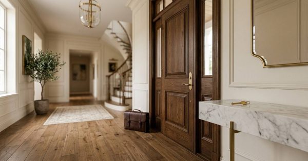 A hallway featuring a wooden door and a marble table, creating an elegant and inviting atmosphere