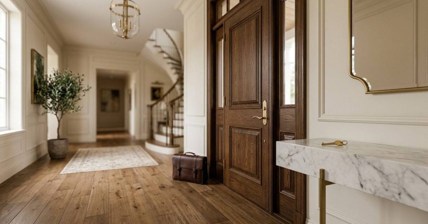 A hallway featuring a wooden door and a marble table, creating an elegant and inviting atmosphere