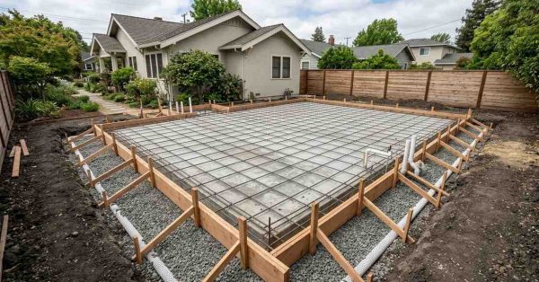 ADU foundation site with concrete slab formwork, rebar grid, utility connections, and gravel base prepared for construction.