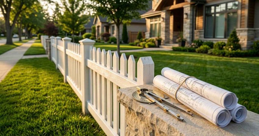 Blueprints and drafting tools placed on a stone fence post beside a white picket fence, representing residential fence planning, property design, and home improvement.