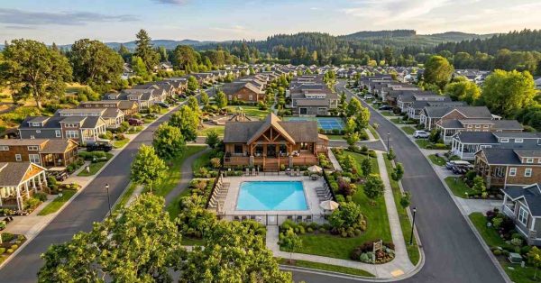Aerial view of a park model home community with clubhouse, pool, landscaped streets, and residential amenities.