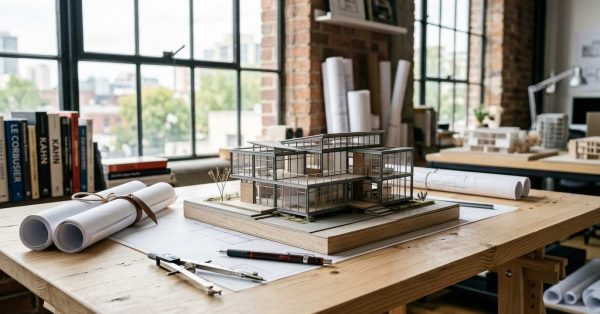Modern architectural model displayed on a drafting table with blueprints and design tools in a contemporary architect’s studio.