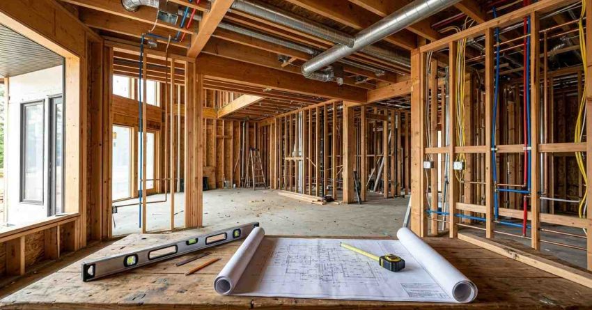 MEP rough-in construction with exposed framing, HVAC ductwork, plumbing lines, electrical wiring, and building plans on a workbench.