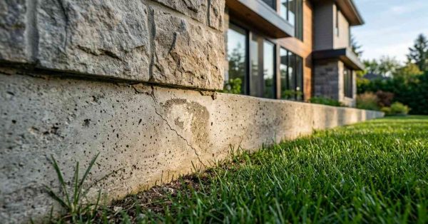 A concrete wall stands tall, with a patch of green grass growing in front, creating a contrast between hard and soft textures.