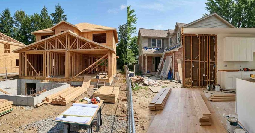 Side-by-side comparison of a custom home under construction and a home renovation project with interior remodeling in progress.