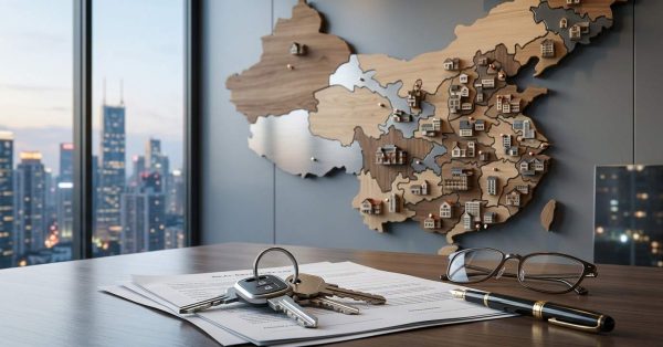 Real estate documents, house keys, eyeglasses, and a pen on a desk with a map of China displaying property locations, symbolizing China's housing market and real estate investment.
