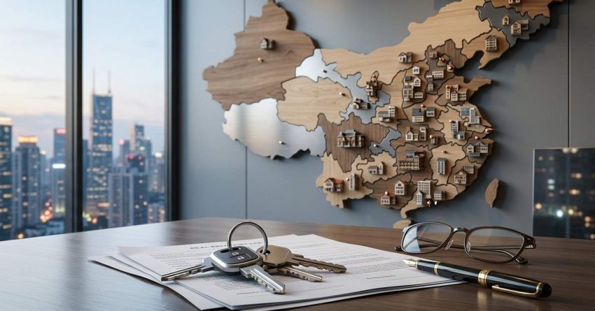 Real estate documents, house keys, eyeglasses, and a pen on a desk with a map of China displaying property locations, symbolizing China's housing market and real estate investment.