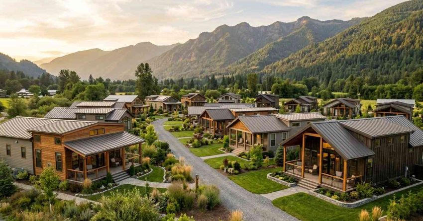 Mountain-view community of modern park model homes with landscaped grounds and scenic natural surroundings.