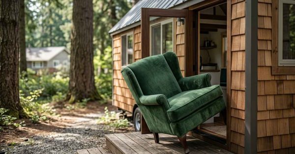 Green armchair being moved into a tiny house surrounded by trees.
