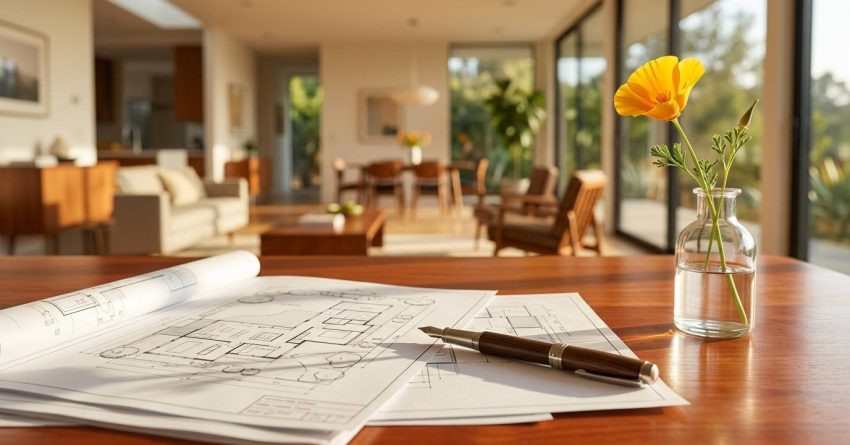 ADU floor plans, a fountain pen, and a California poppy on a table inside a modern home, representing accessory dwelling unit planning, financing, and project preparation.
