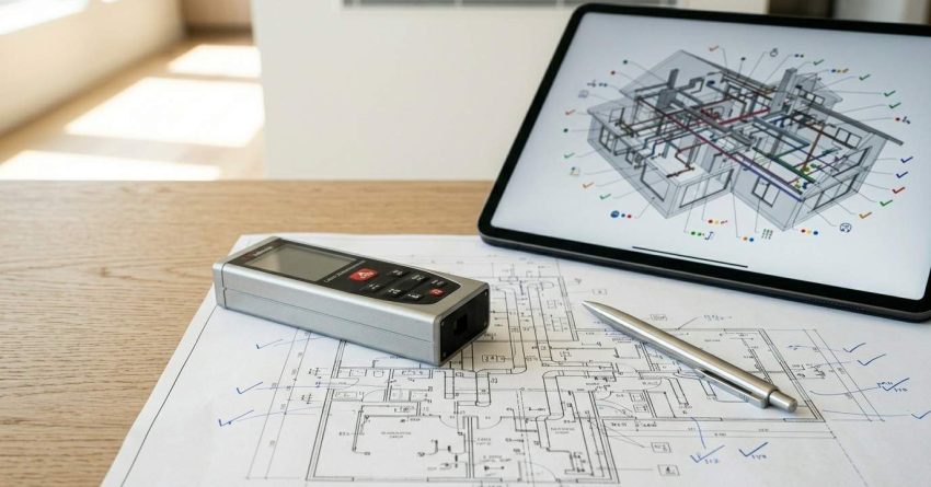 MEP inspection checklist with building plans, laser measuring tool, and digital coordination model displayed on a tablet.