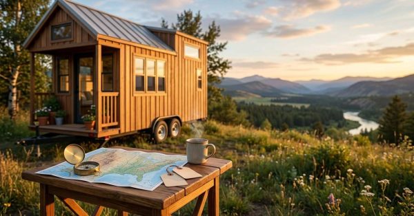 Tiny house on wheels overlooking a mountain valley, with a map and compass on a nearby table.
