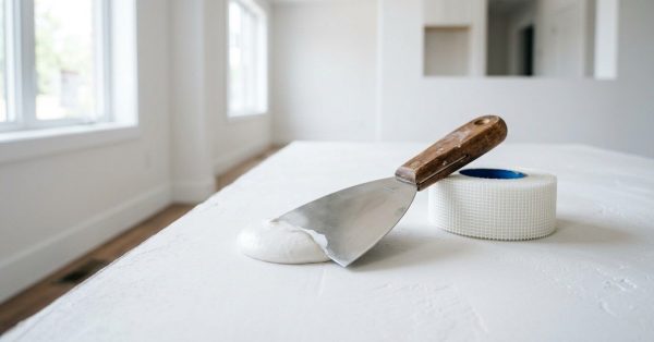 Drywall finishing tools, including a taping knife, joint compound, and mesh tape, on a freshly installed drywall surface inside a bright unfinished room.
