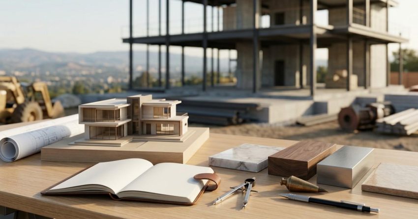 Architectural model, blueprints, and material samples displayed at a residential construction site.