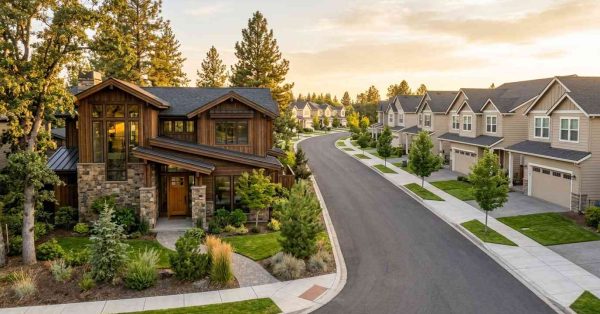 Custom luxury home beside a row of similar suburban tract homes in a landscaped neighborhood.