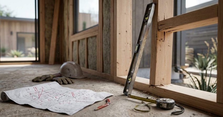 ADU construction site with exposed wall framing, blueprints, measuring tools, hard hat, and level, illustrating common building mistakes during accessory dwelling unit construction.