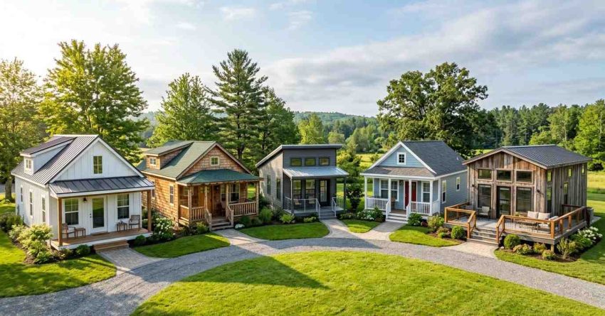 Collection of four park model homes showcasing different architectural styles in a landscaped community setting.