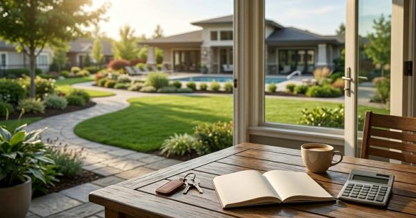 Open notebook, keys, and calculator on a table overlooking a landscaped backyard and luxury home.