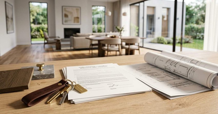 House keys, signed construction documents, and architectural blueprints displayed on a table inside a newly completed modern home renovation.