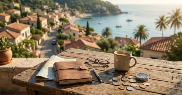 Travel journal, map, coins, and coffee on a table overlooking a coastal village and bay.