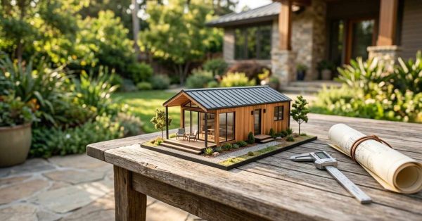 Small modern house model on a wooden outdoor table beside rolled blueprints and measuring tools in a landscaped backyard.