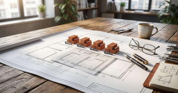 Construction plans with miniature brick stacks, drafting tools, and project documents on a planning table.