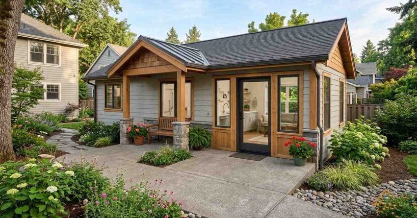 Backyard ADU with covered porch, accessible entry, landscaped garden, and bright interior visible through large windows.