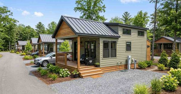 Park model home in an RV resort community featuring a covered front porch, landscaped gravel lot, utility connections, and neighboring compact homes along a private road, showcasing a small-footprint residential setting designed for long-term or seasonal living.