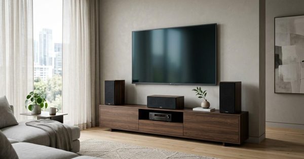 A modern living room with a sleek TV mounted above a wooden console. Speakers flank the TV, plants add greenery, and large windows show a cityscape.