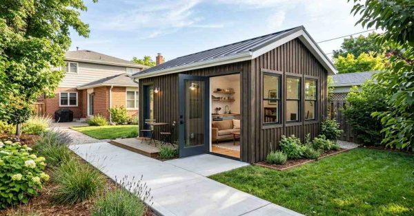 Detached backyard ADU with dark wood siding, large windows, landscaped garden, and a modern patio entrance