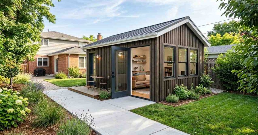 Detached backyard ADU with dark wood siding, large windows, landscaped garden, and a modern patio entrance