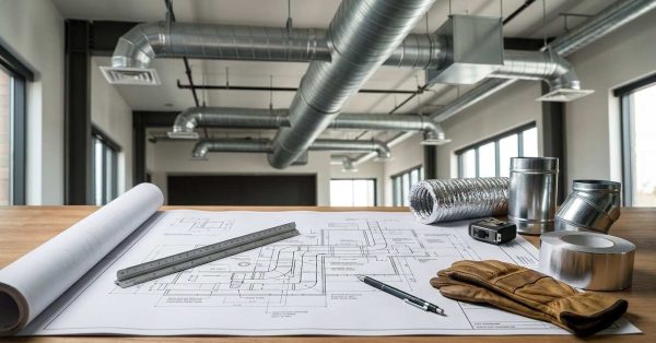 HVAC ductwork design plans with ventilation components and tools in a commercial interior space.