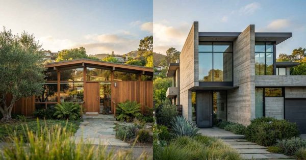 Side-by-side comparison of a warm timber contemporary home and a minimalist concrete modern home, highlighting contrasting architectural styles and exterior design.