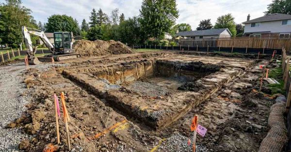 Excavation site with foundation trenches and an excavator preparing a residential construction project.