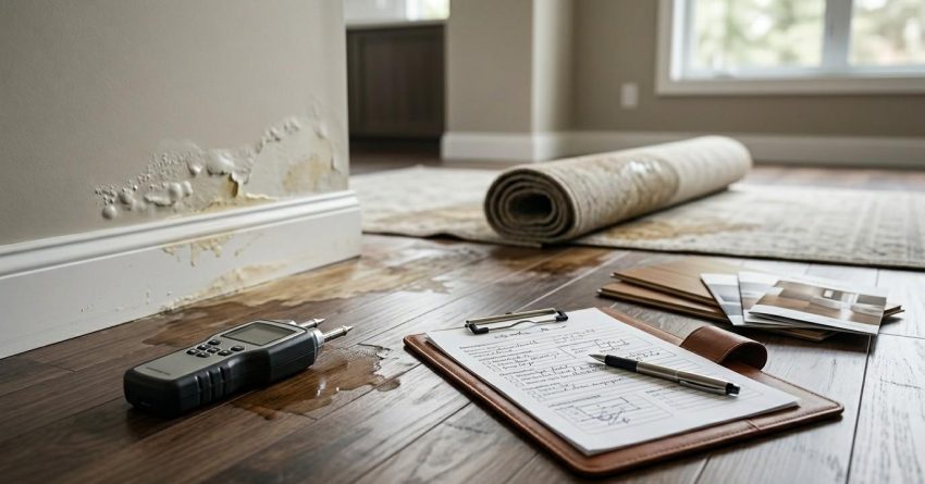 Water-damaged wall and flooring with a moisture meter, inspection checklist, and repair estimates on the floor.