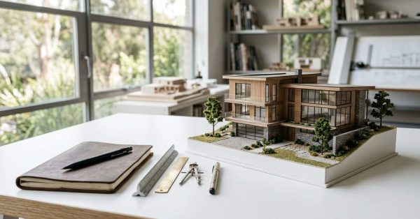 Modern house model on an architect's desk.