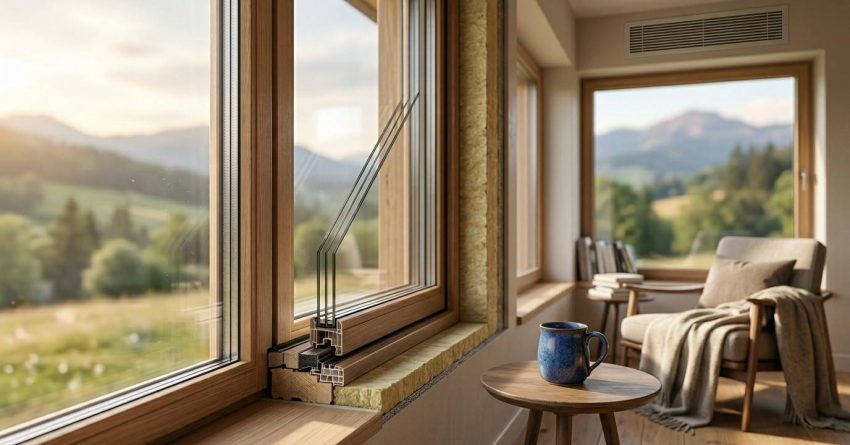 Passive House window system with high-performance insulation and scenic outdoor view.