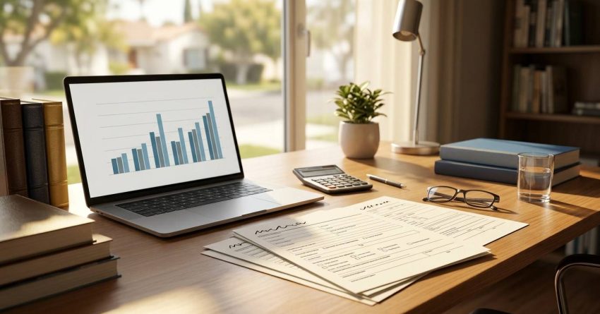 Laptop displaying financial charts beside mortgage documents, calculator, and paperwork on a home office desk, representing home financing, budgeting, and investment planning.