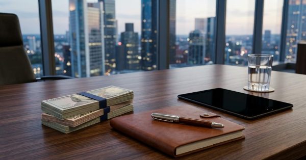 Stacks of cash, a leather notebook, tablet, and pen on an executive office desk overlooking a modern city skyline.