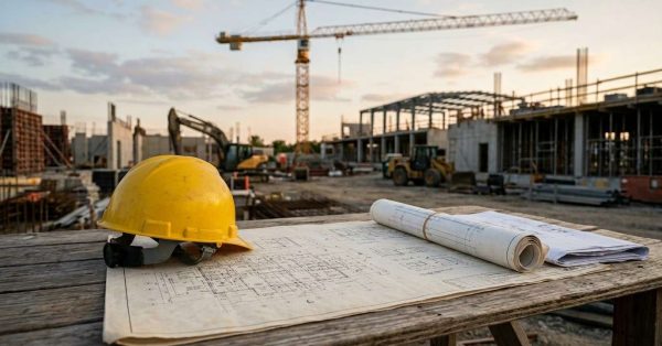 Construction site with a yellow hard hat and building blueprints on a wooden table, surrounded by cranes and structures under development.