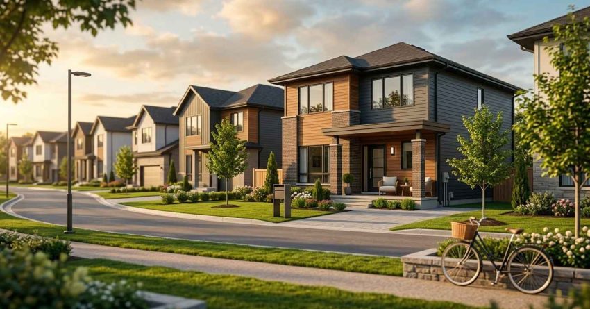 Modern suburban neighborhood with newly built detached homes, landscaped yards, and a quiet street at sunset.