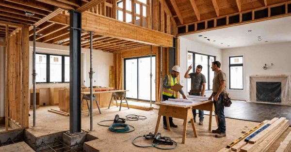 Contractors and a construction manager reviewing blueprints inside a home under renovation with exposed framing, structural beams, and partially finished living spaces.