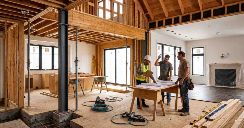Contractors and a construction manager reviewing blueprints inside a home under renovation with exposed framing, structural beams, and partially finished living spaces.