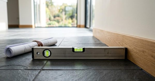 Spirit level placed on a tiled floor beside rolled construction plans, highlighting floor leveling and precision during interior finishing work.